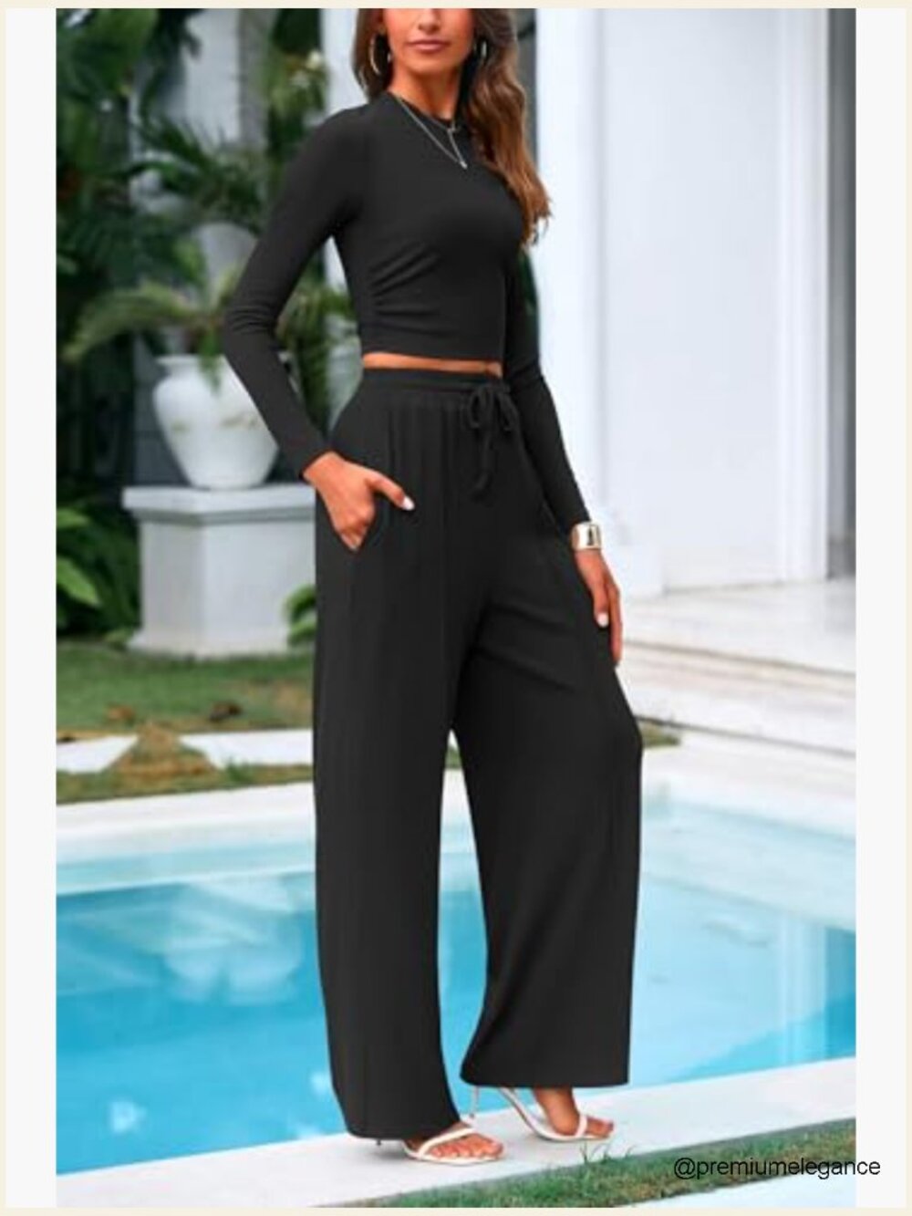 2 Piece Loungewear Set Crop Top Wide Leg Pants Tracksuit - Picture 6 of 7